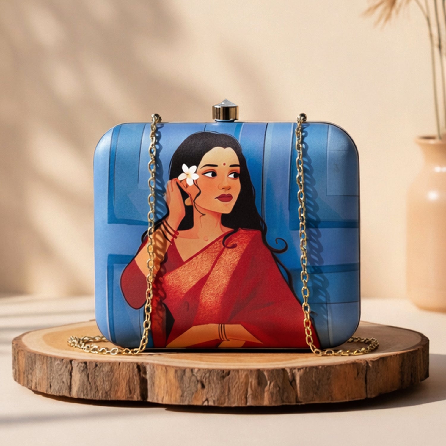 Artklim Blue Based Pretty Woman Portrait Printed Clutch