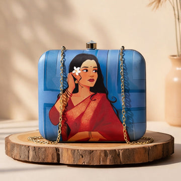 Artklim Blue Based Pretty Woman Portrait Printed Clutch
