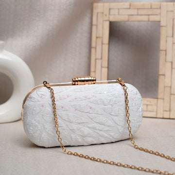 White Embroidery Fabric Clutch