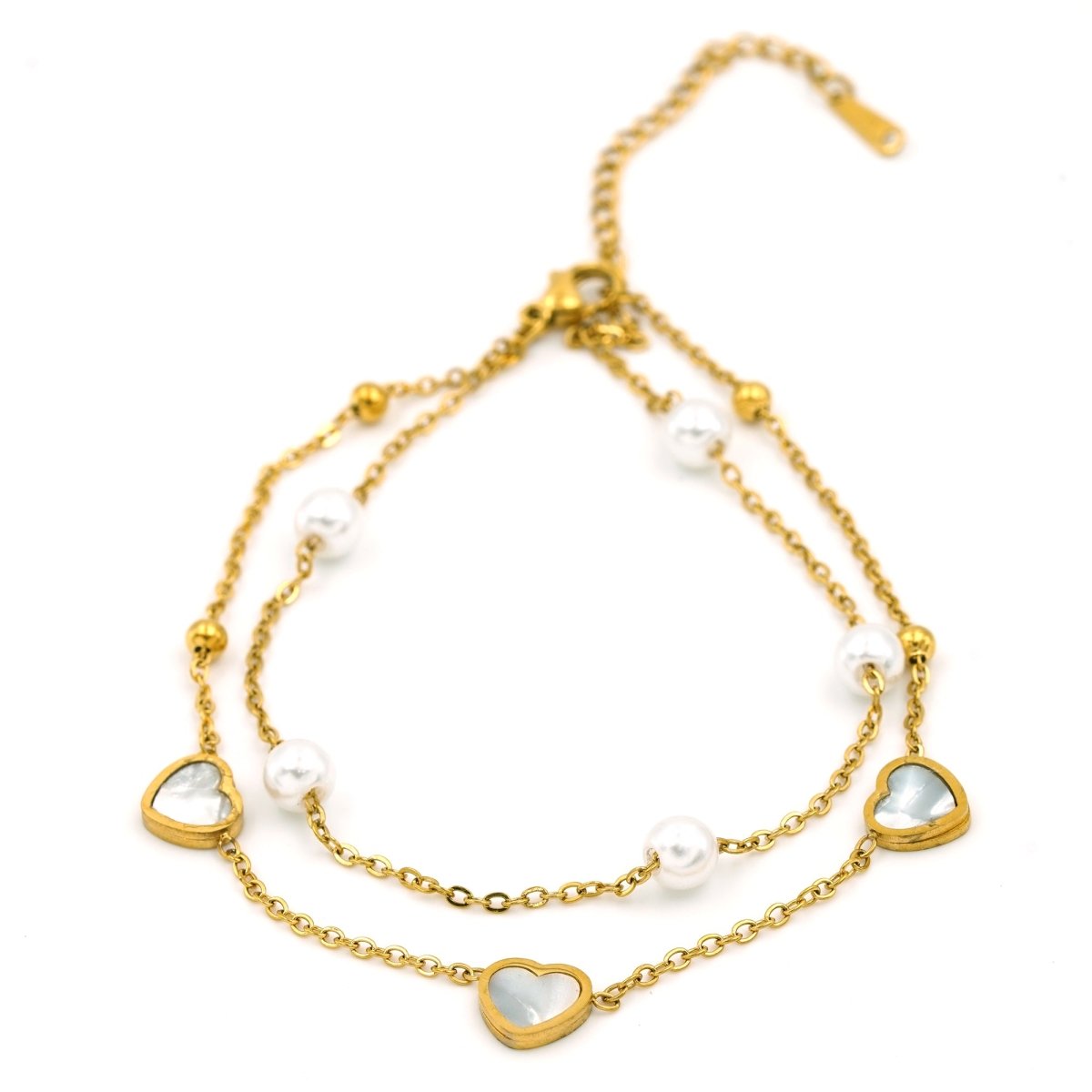 Artklim Gold Plated White MOP Hearts And Pearl Chain Bracelet