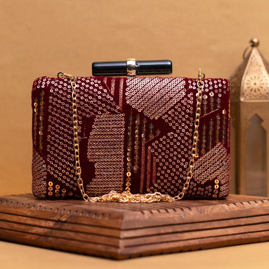 Red Multipattern Sequins Embroidery Clutch