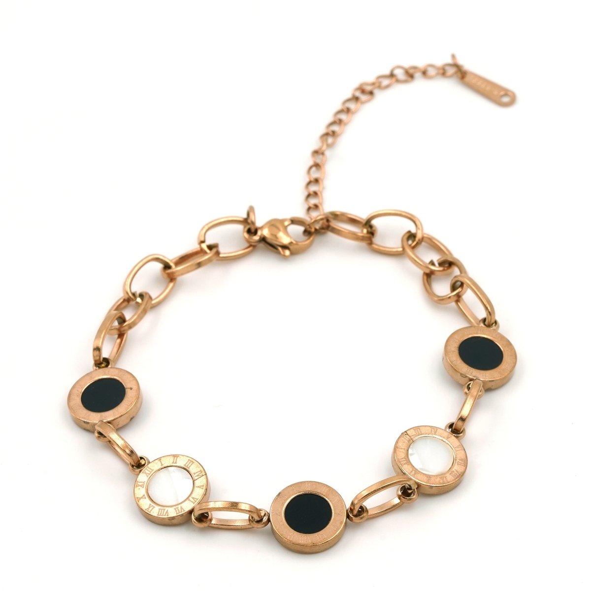 Artklim Rose Gold Plated White And Black MOP Roman Numerals Bracelet