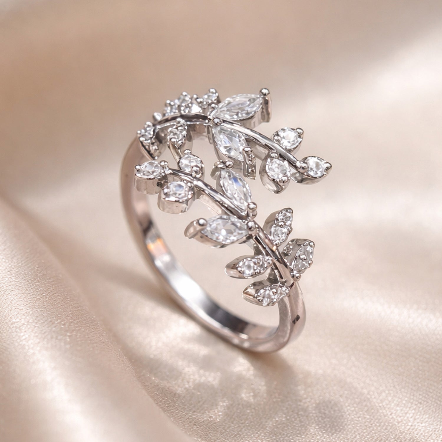 Artklim Sliver- Tone Delicate Crystal Floral Vine Anti-Tarnish Ring