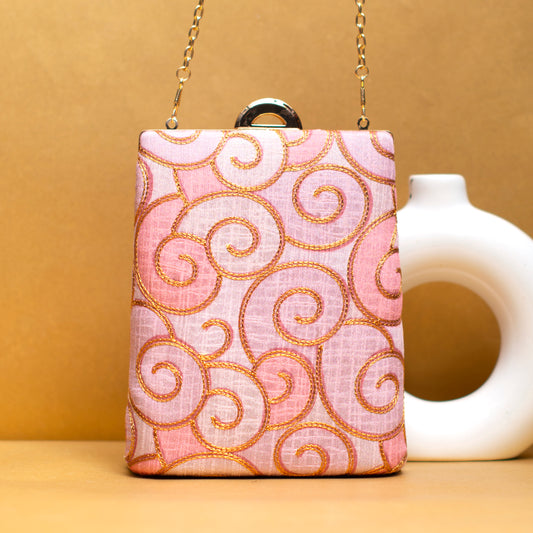 Pink And Golden Embroidery Vertical Clutch