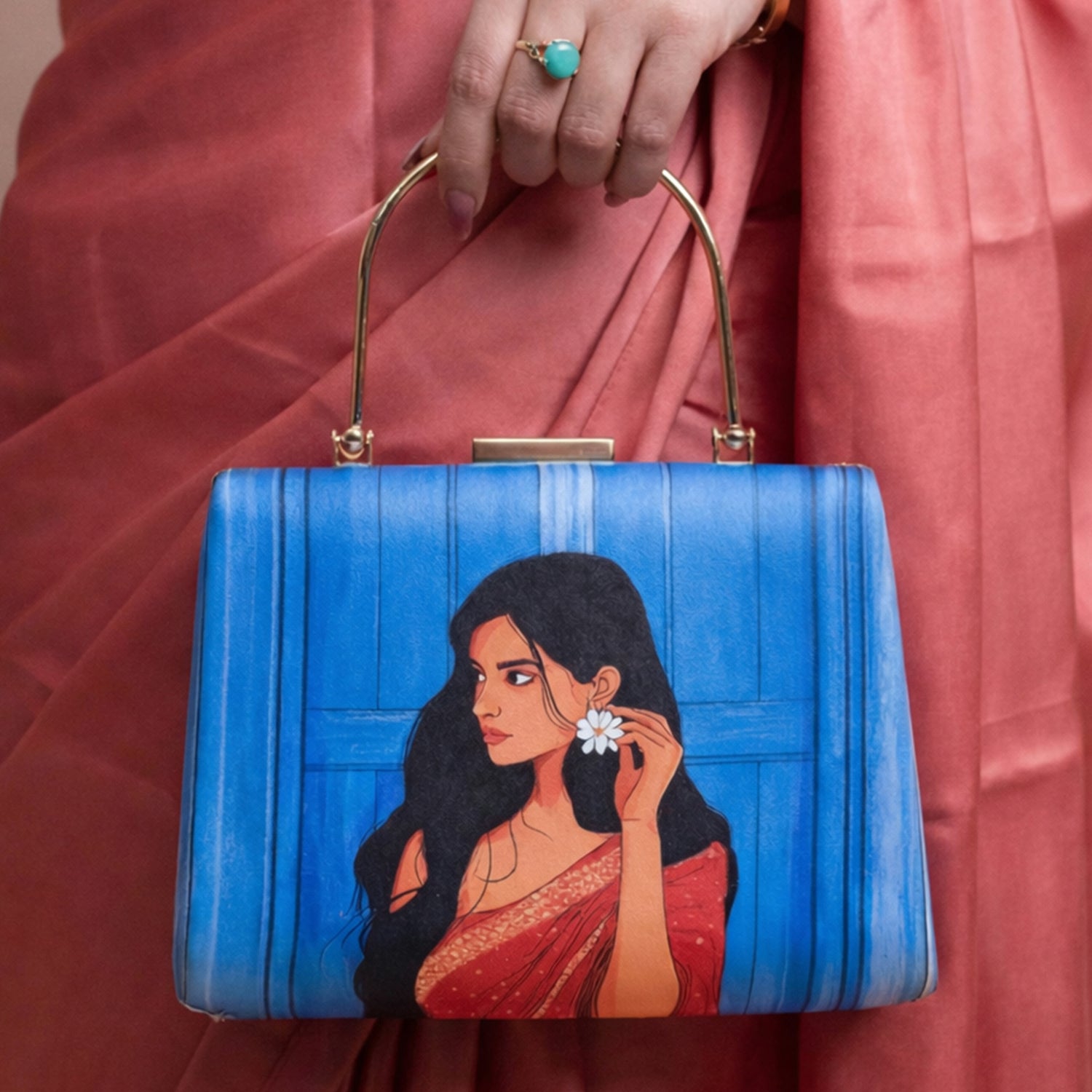 Artklim Blue Based Red Saree Women Portrait Printed Clutch