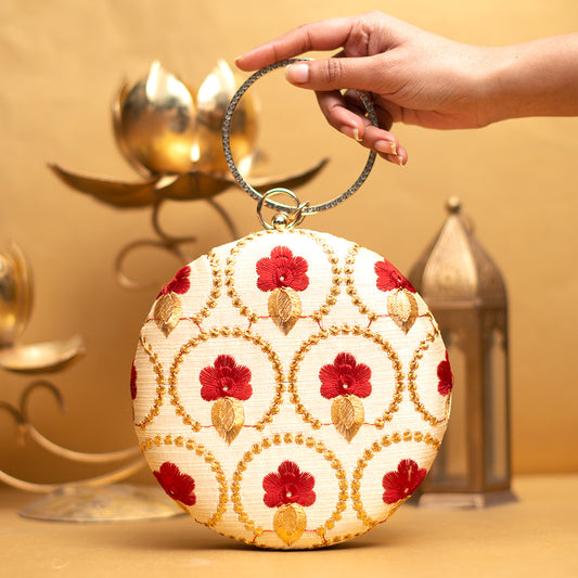 Golden And Red Embroidery Round Clutch