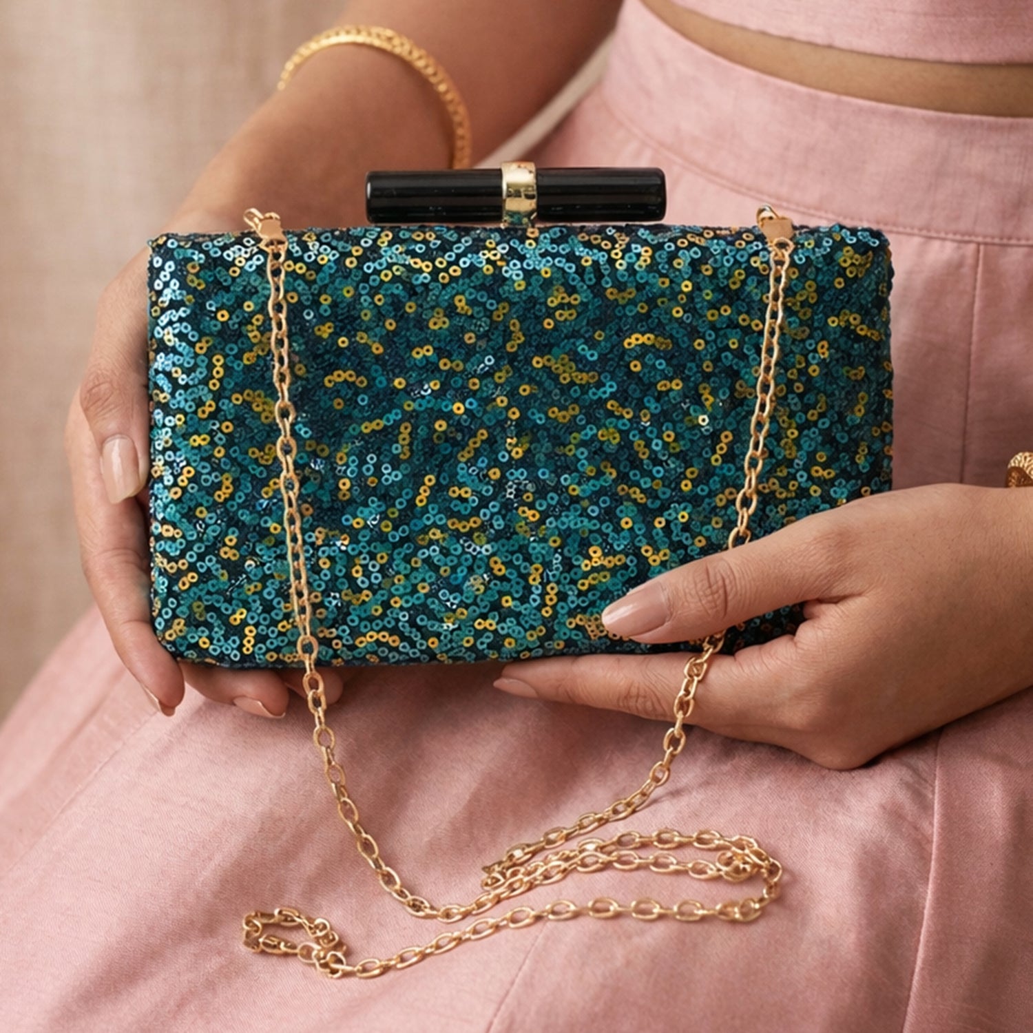 Artklim Blue - Green Designer Embroidred Clutch