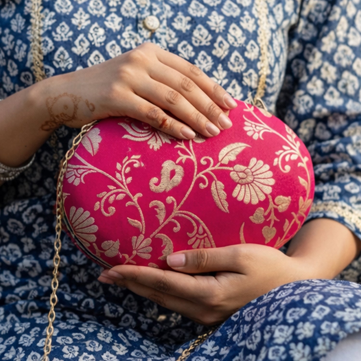 Artklim Magenta Pink Based Silver Floral Pattern Brocade Fabric Oval Clutch