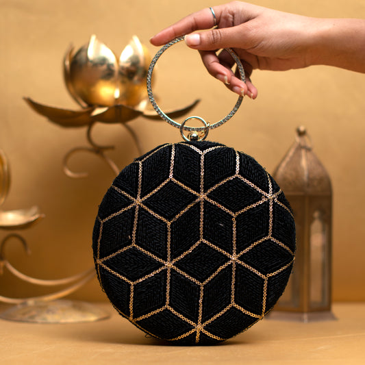 Black And Golden Sequin Embroidery Round Clutch