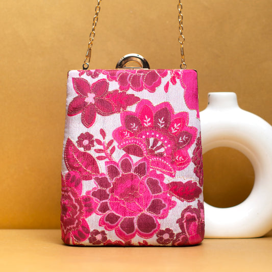 White And Pink Floral Vertical Clutch