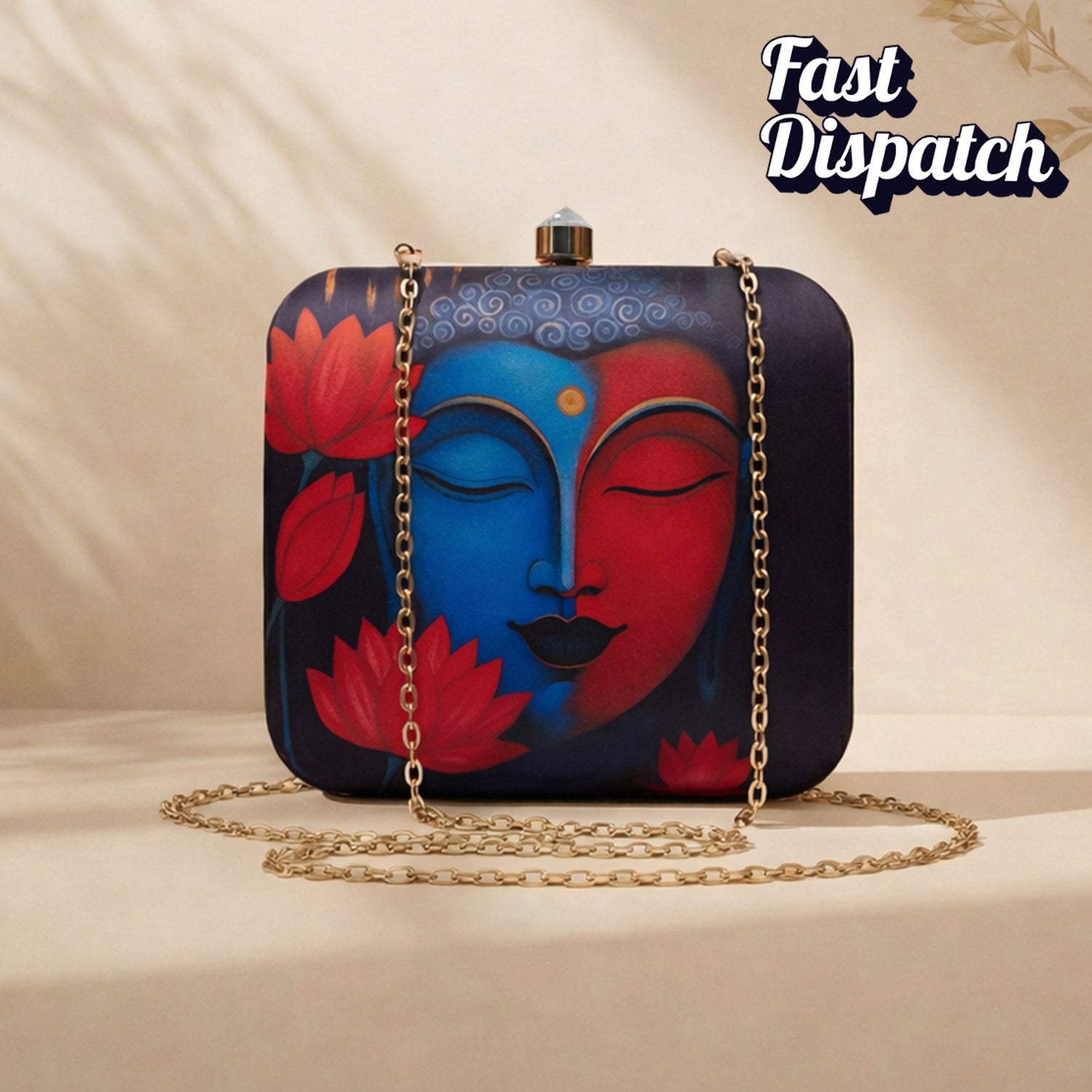 Artklim Black Based Buddha With Lotus Flower Printed Clutch