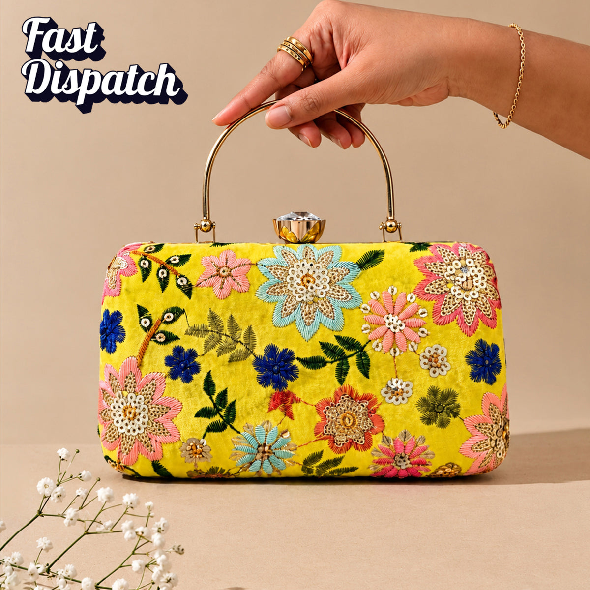 Artklim Floral Embroidered Yellow Embroidery Clutch