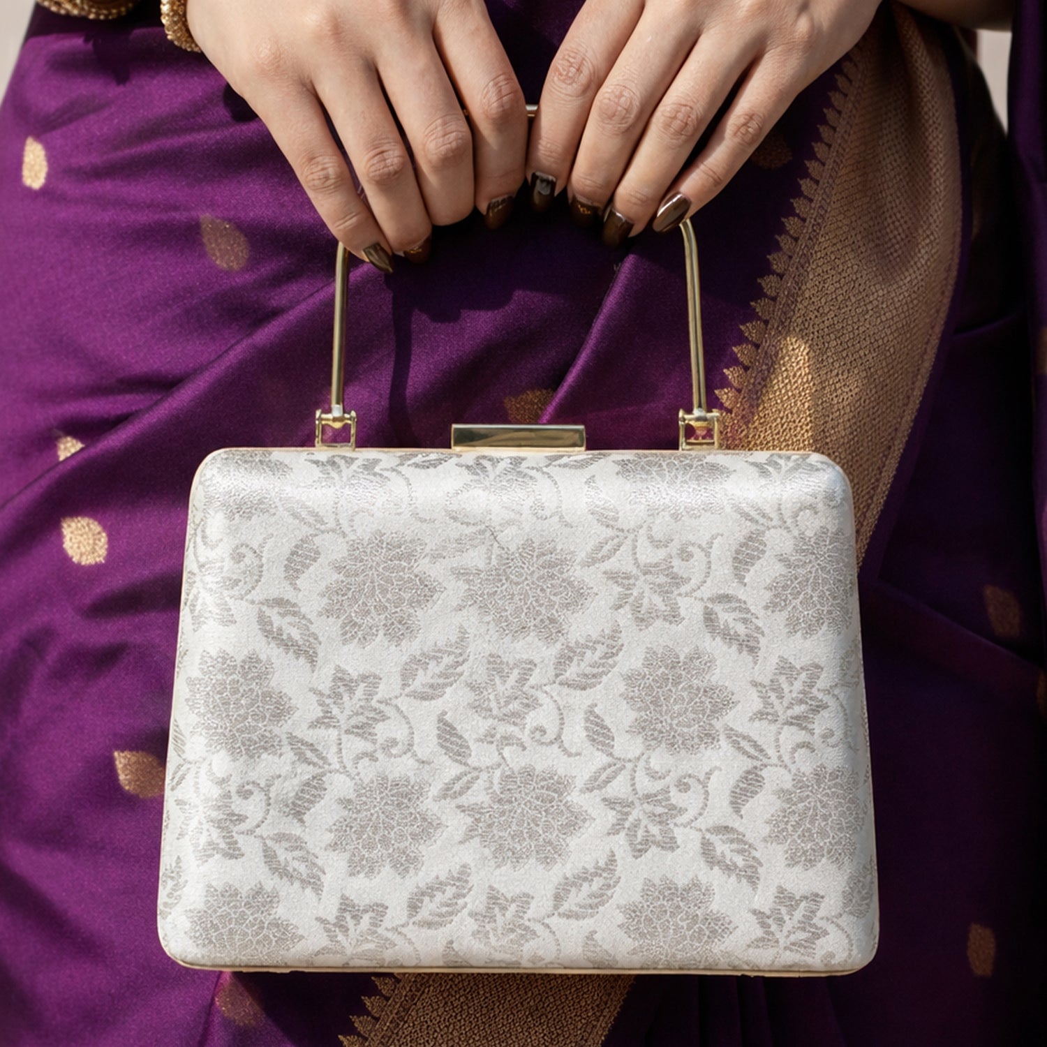 White And Silver Brocade Fabric Clutch