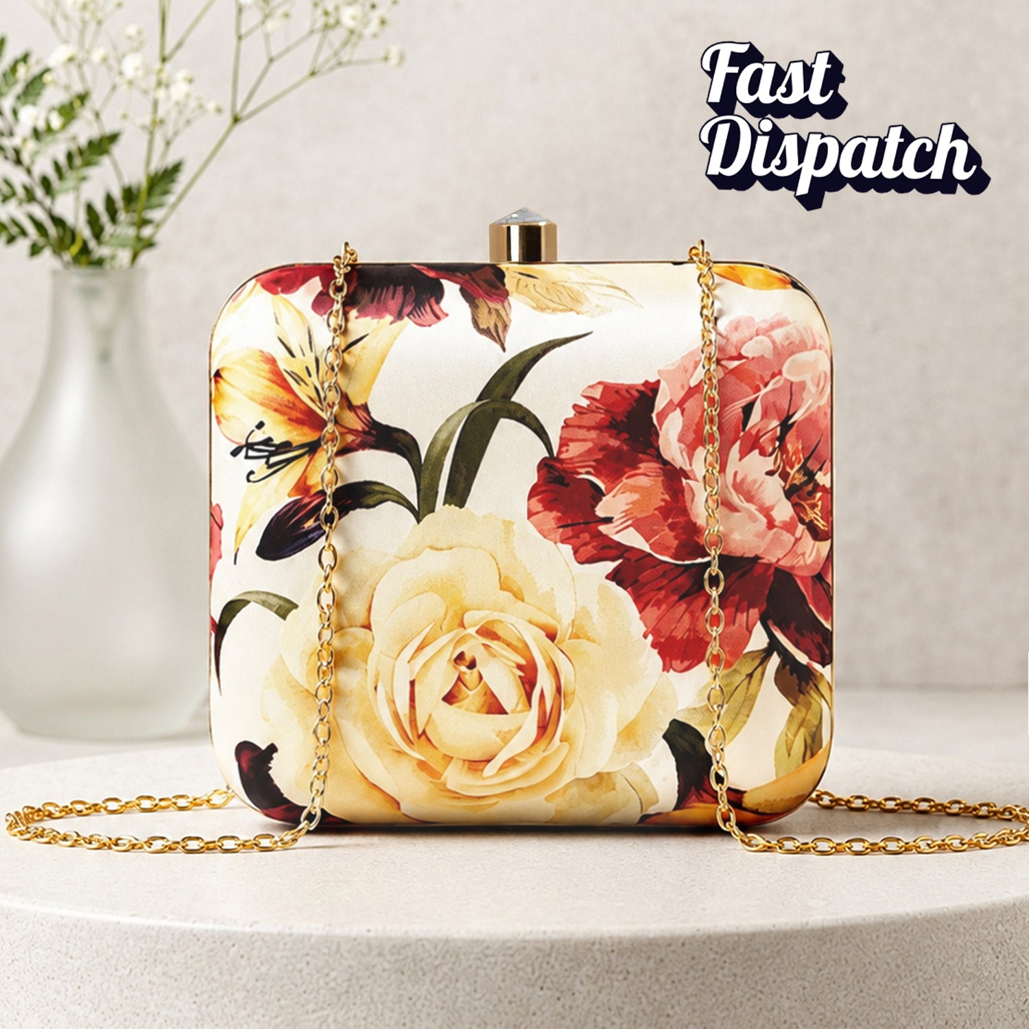 Artklim Yellow and Red Floral Printed Clutch