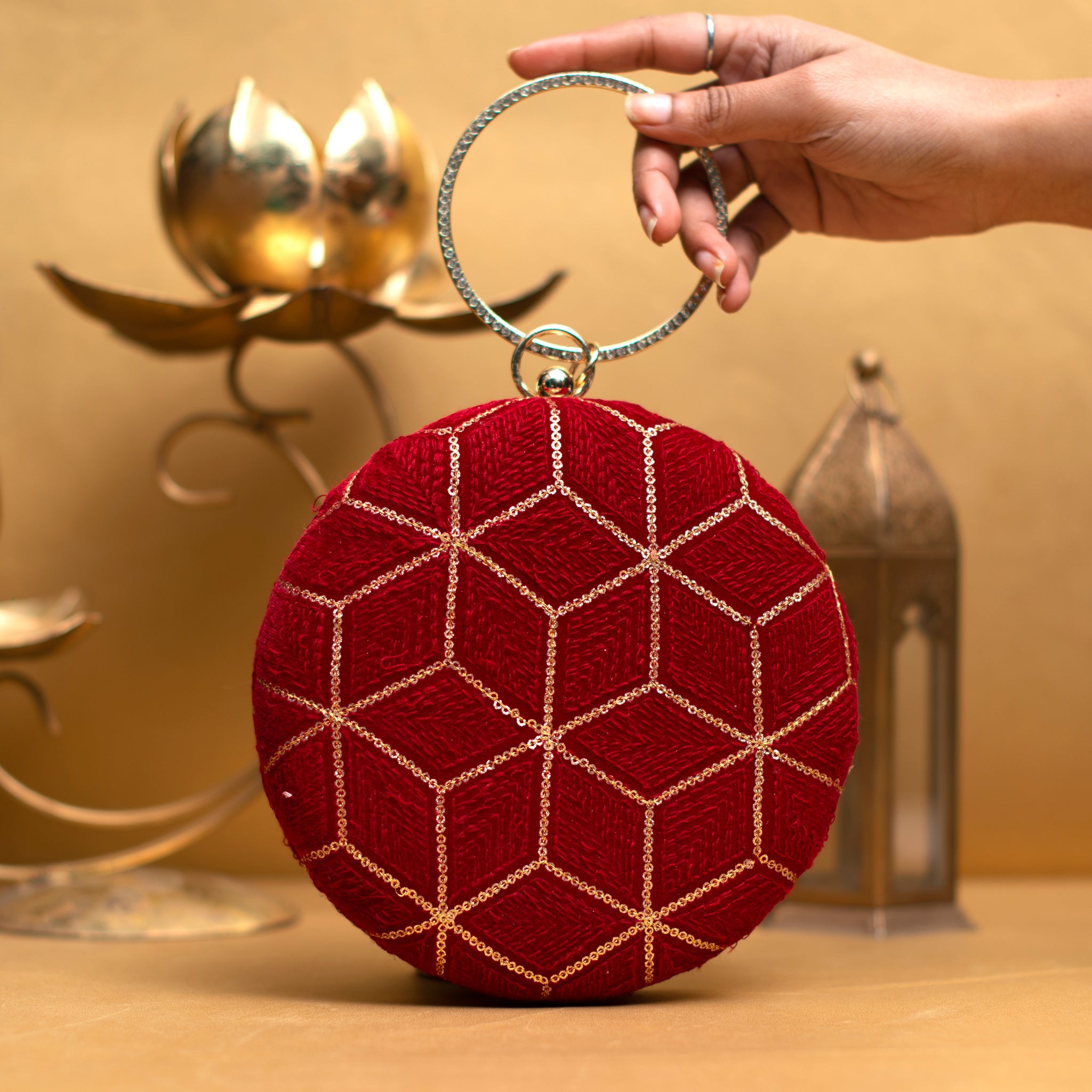 Red And Golden Sequin Embroidery Round Clutch