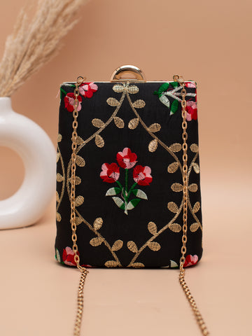 Artklim Black Clutch with Red Floral & Golden Vine