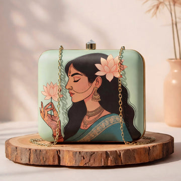 Artklim Pastel Green Based Lotus Lady Printed Clutch