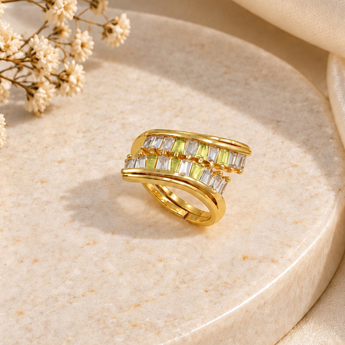 Artklim Elegant Double Row Baguette Crystal Gold-Tone Anti-Tarnish Ring
