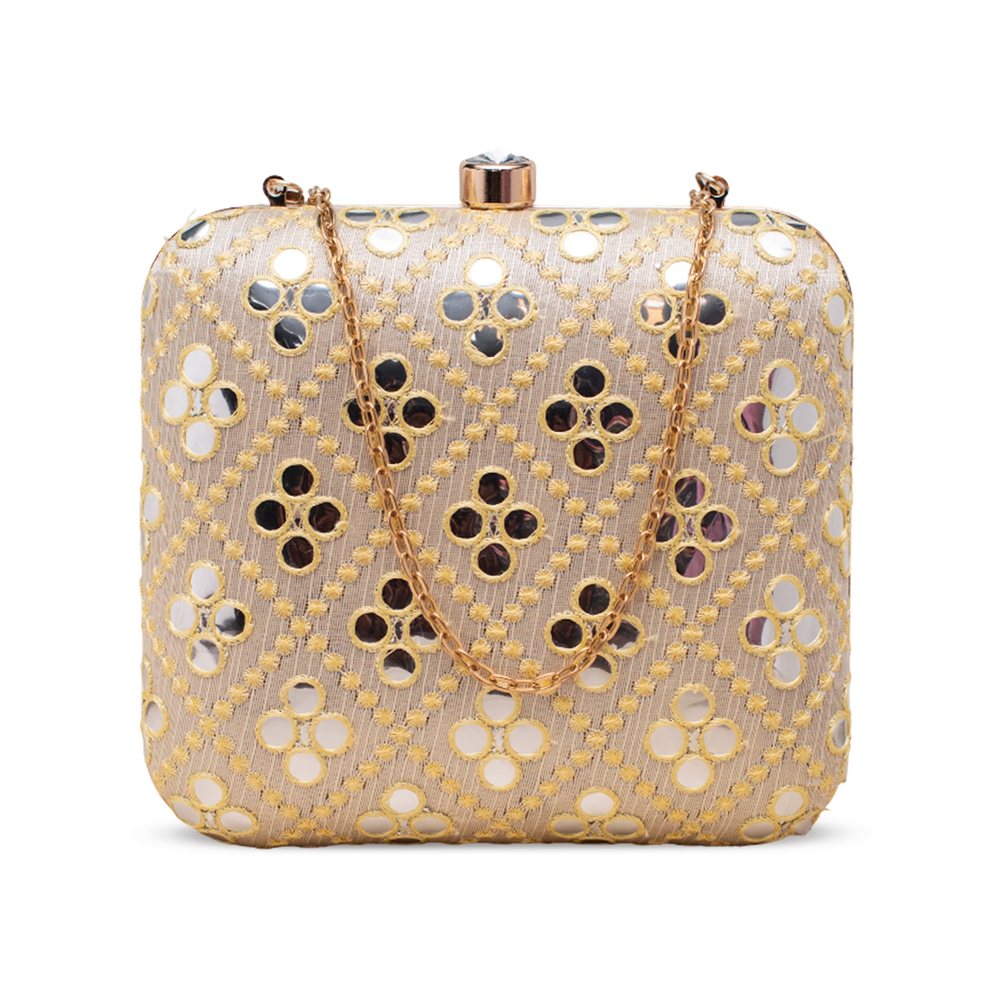 Artklim White with red–gold Bloom Embroidered Clutch