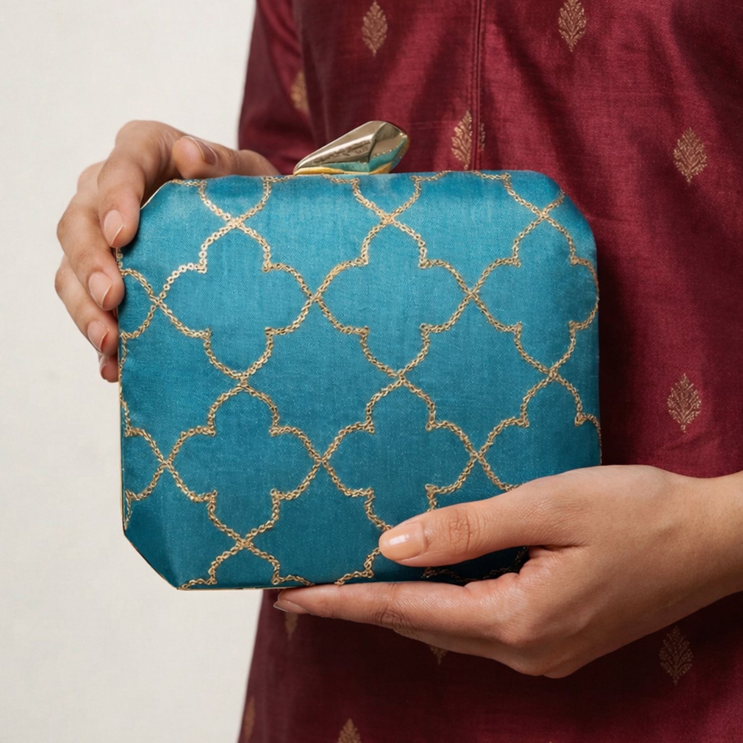 Blue Sequins Floral Checks Embroidery Clutch