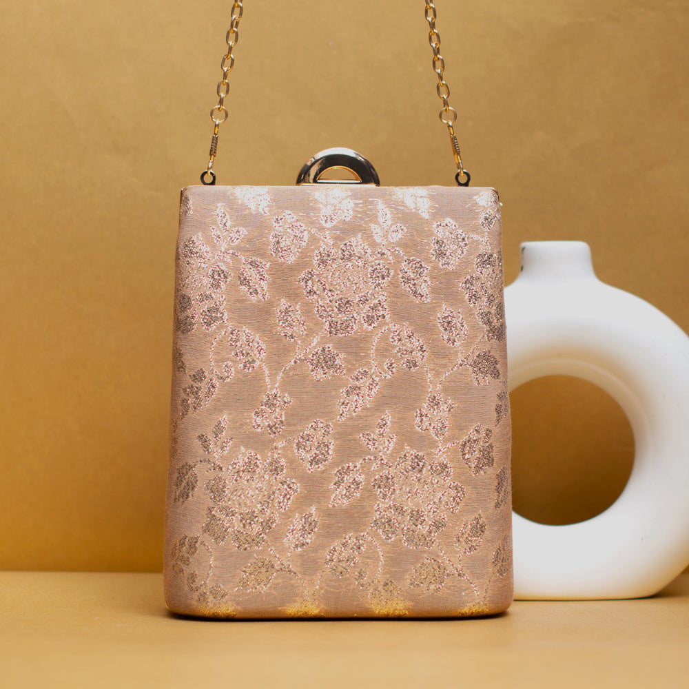 Beige And Silver Brocade Vertical Clutch