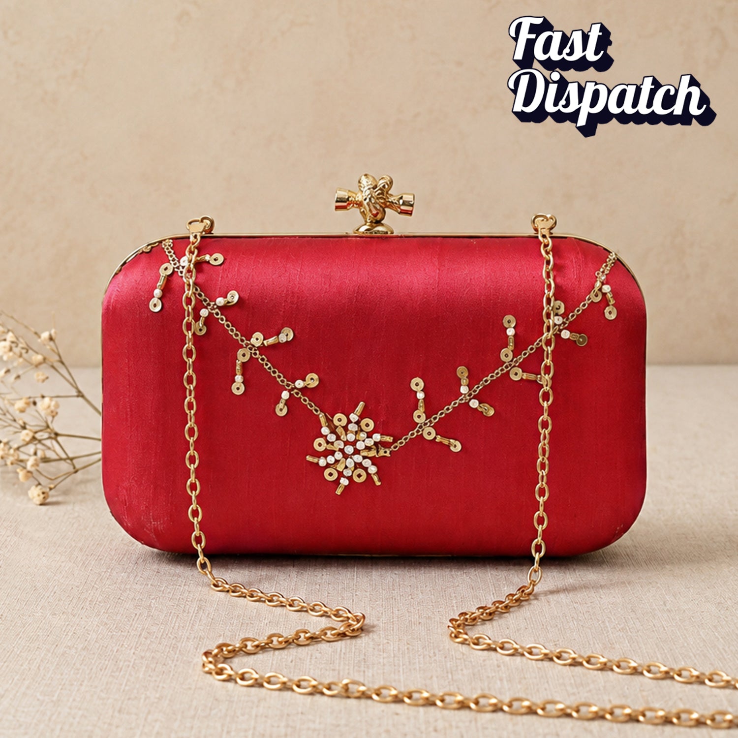 Artklim Red Based Floral Sequins Embroidery Clutch
