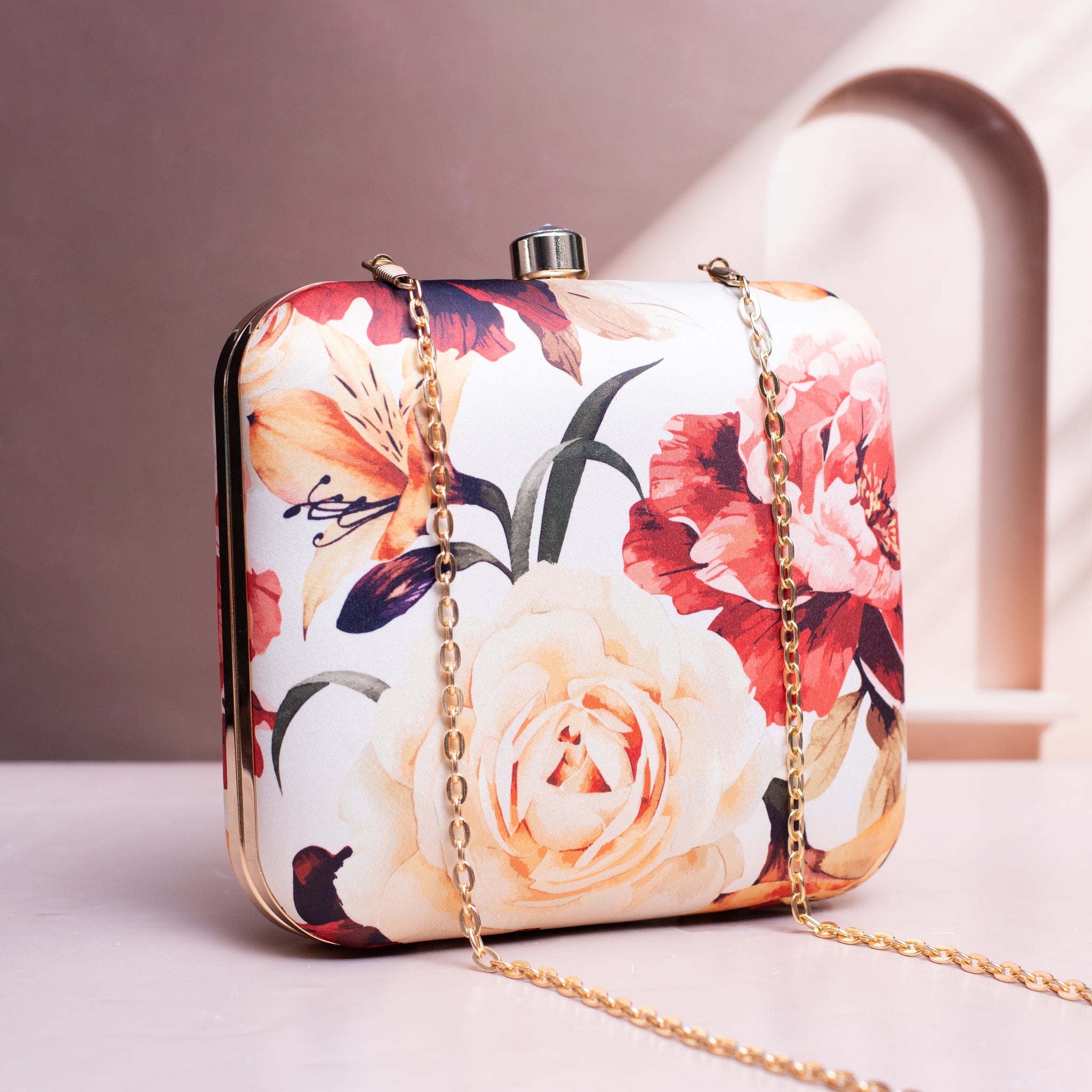 Artklim Yellow and Red Floral Printed Clutch