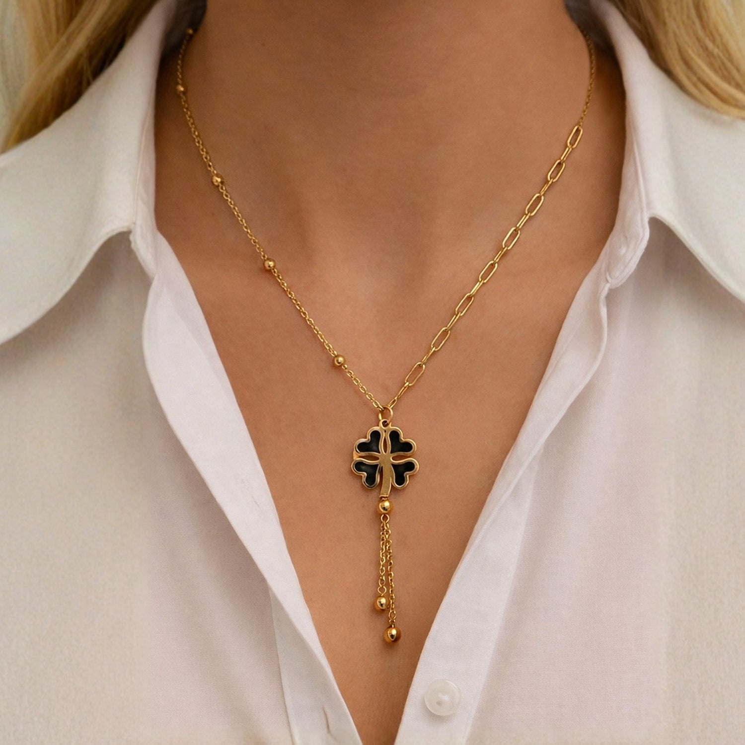 Artklim Gold-Plated Clover Charm Lariat Anti-Tarnish Pendant Necklace