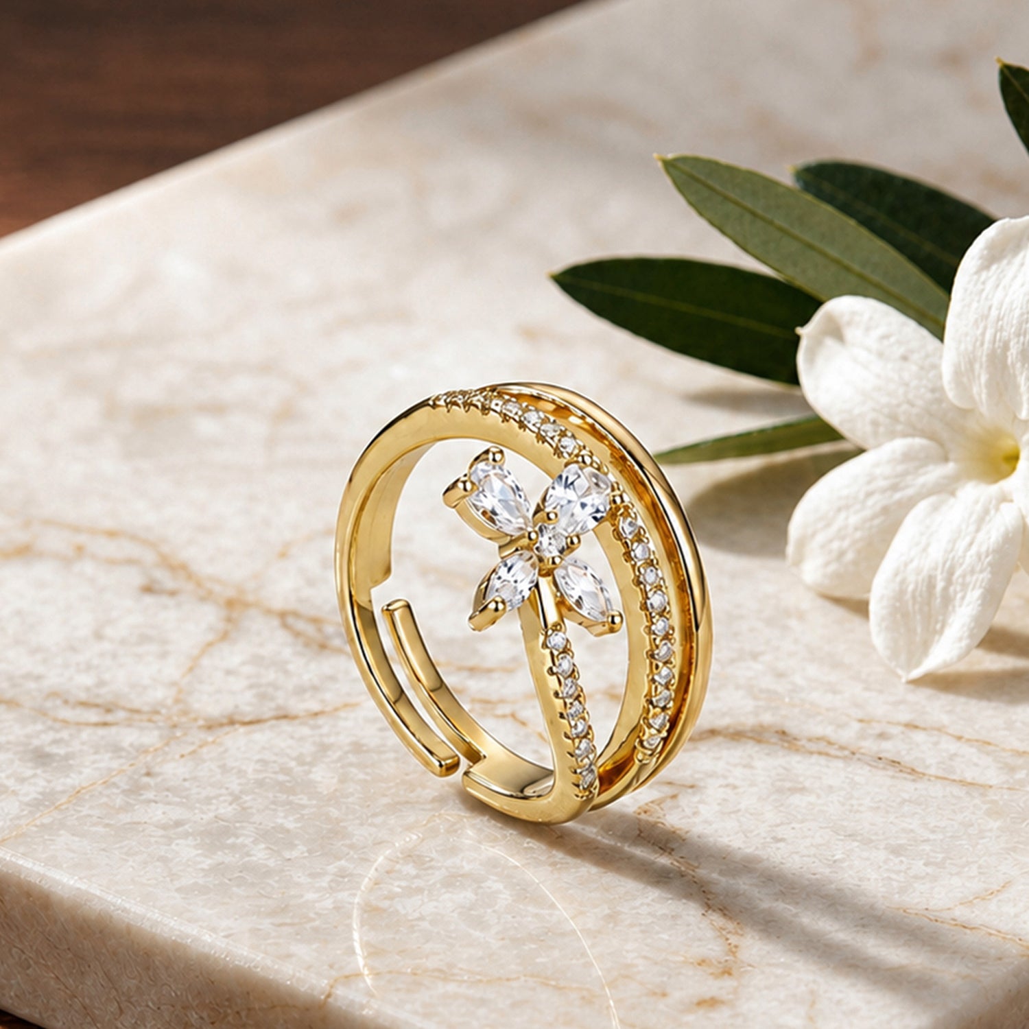 Artklim Butterfly Adjustable Gold-Plated Crystal Anti-Tarnish Ring