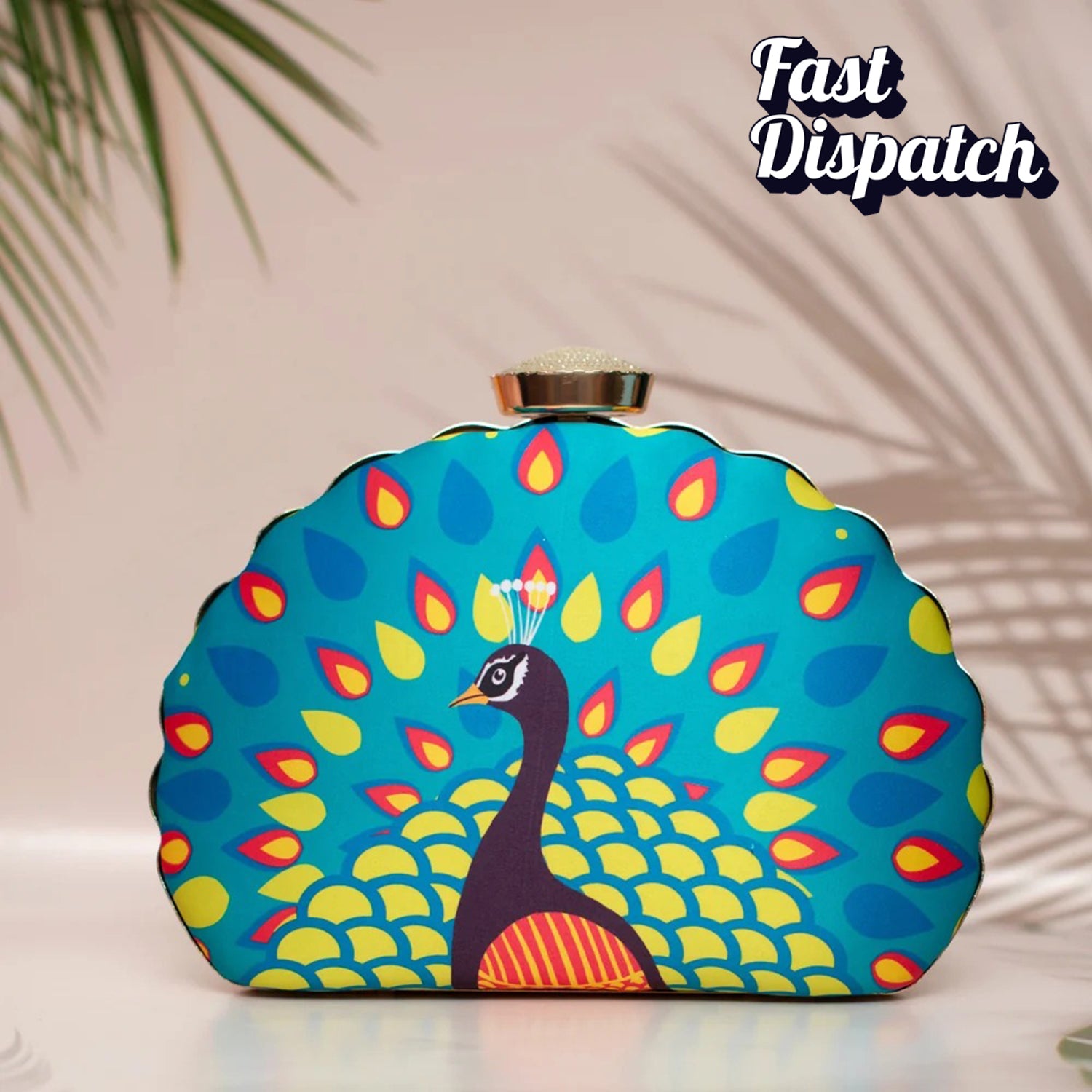 Blue Peacock Printed D-shape Clutch