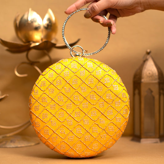 Yellow Sequins Embroidery Round Clutch