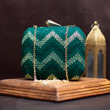 Marine Green Zigzag Embroidery Clutch