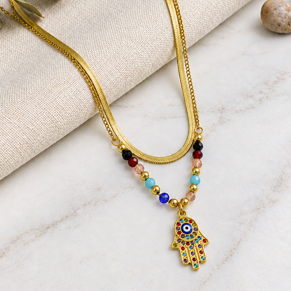 Artklim Multicolor Hamsa Hand Evil Eye Beaded Layered Anti-Tarnish Pendant Necklace