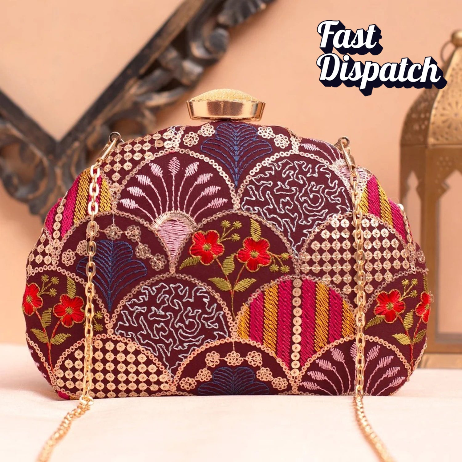 Artklim Wine Base Multicolored Sequins Embroidery Clutch