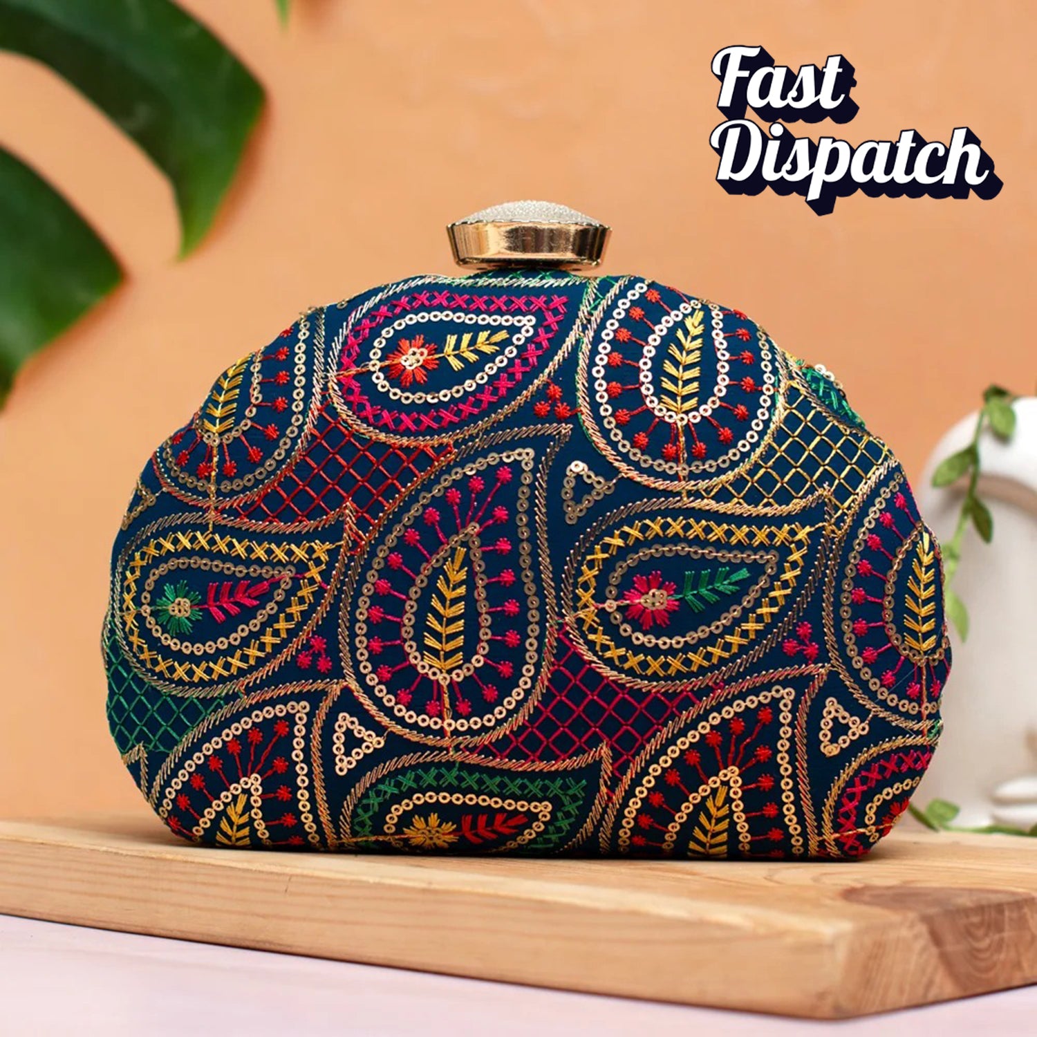 Multicolor Sequins Embroidery Half Moon Clutch