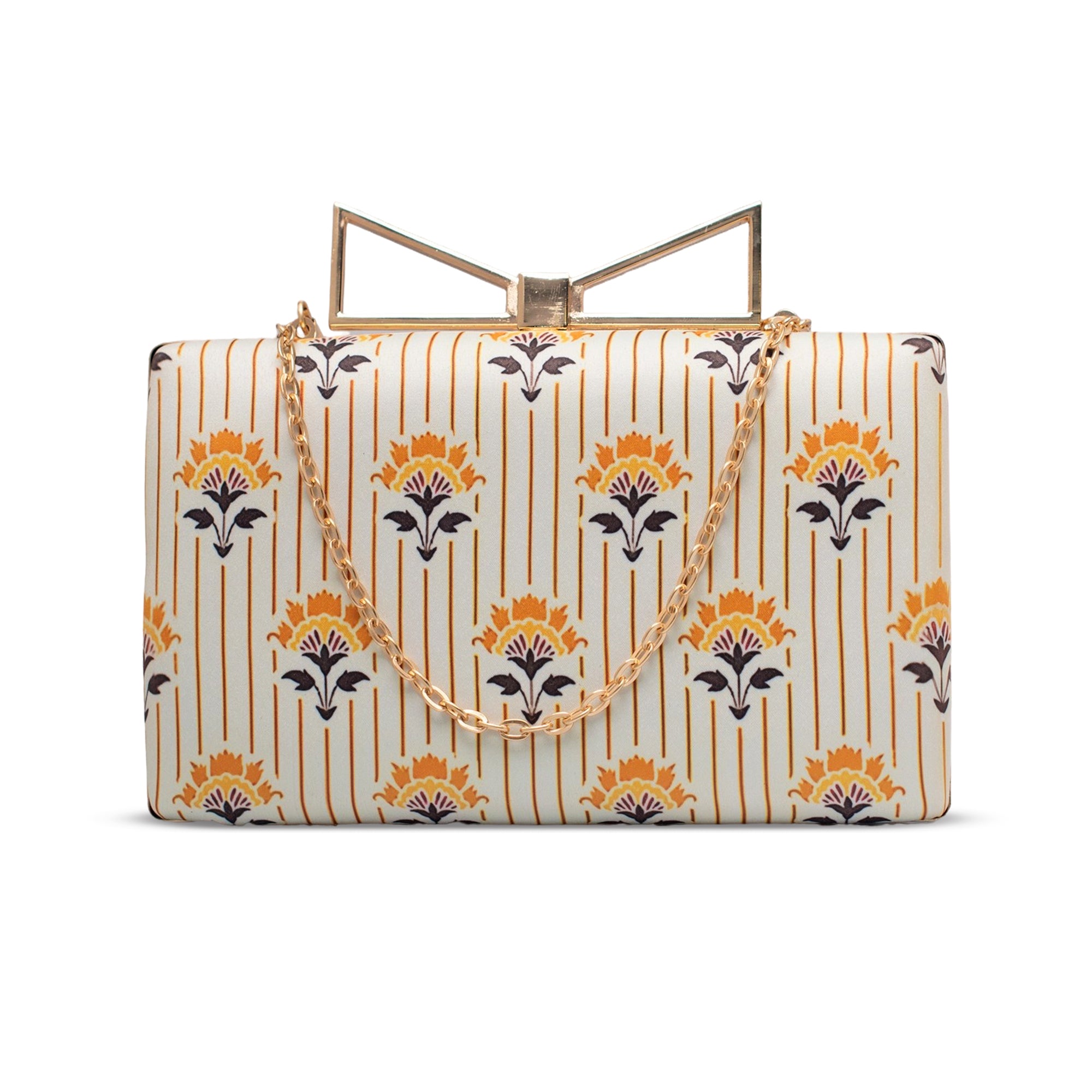Artklim Ivory Gold Stripe Floral Printed Clutch