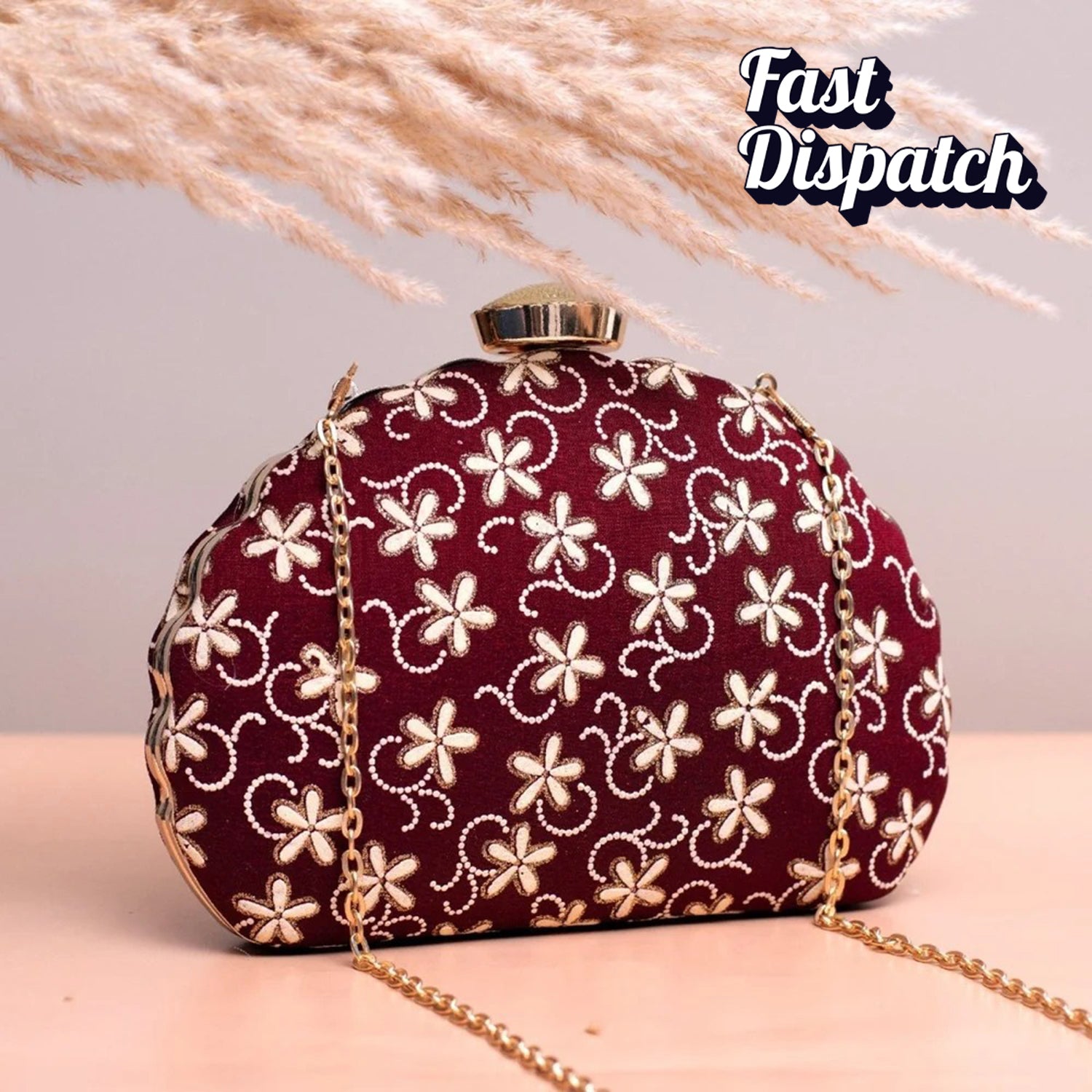 Artklim Maroon Based White Floral Embroidery Clutch