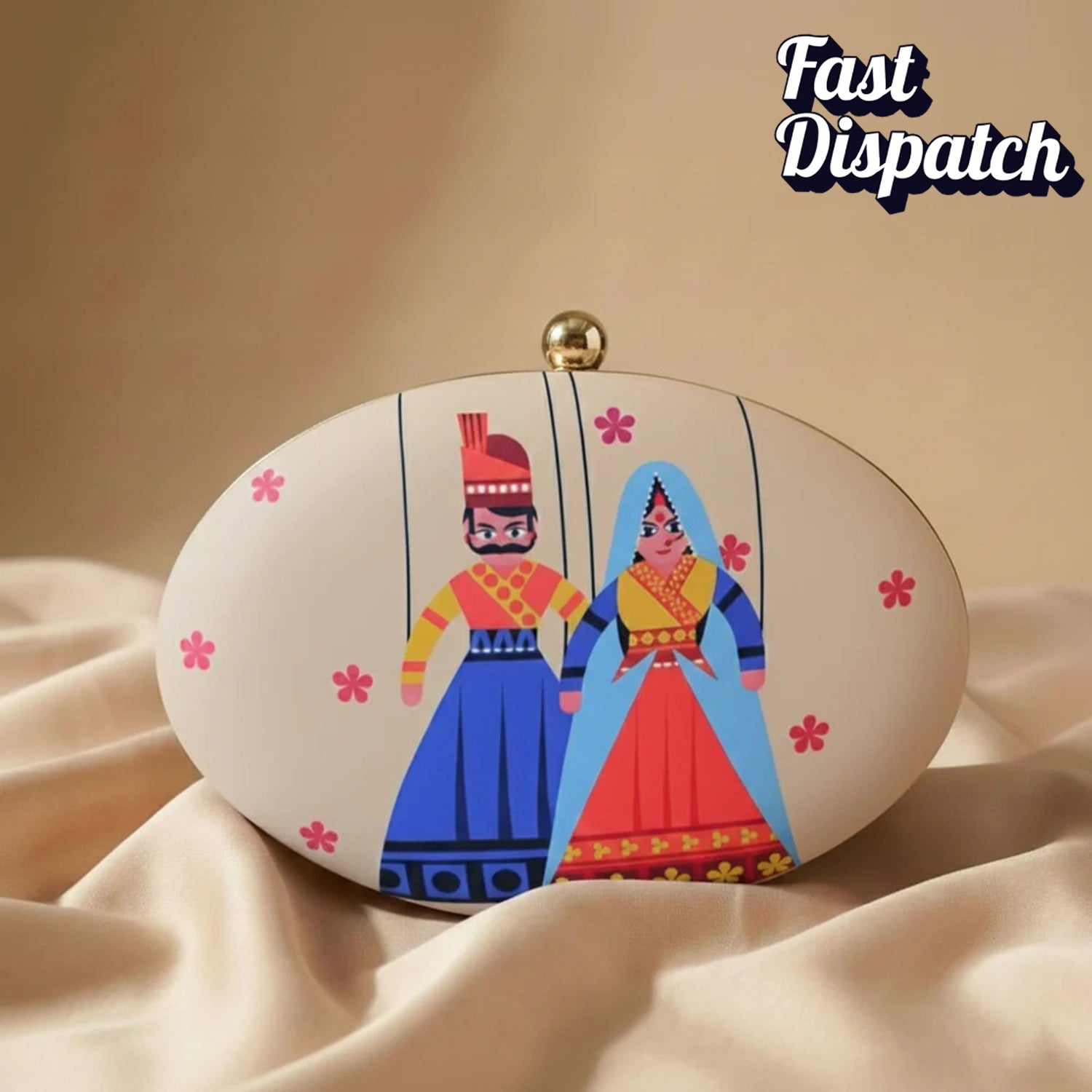 Indian Puppet Printed Oval Clutch