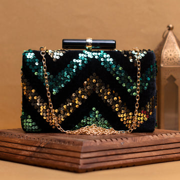 Green And Golden Sequin Zigzag Embroidery Clutch