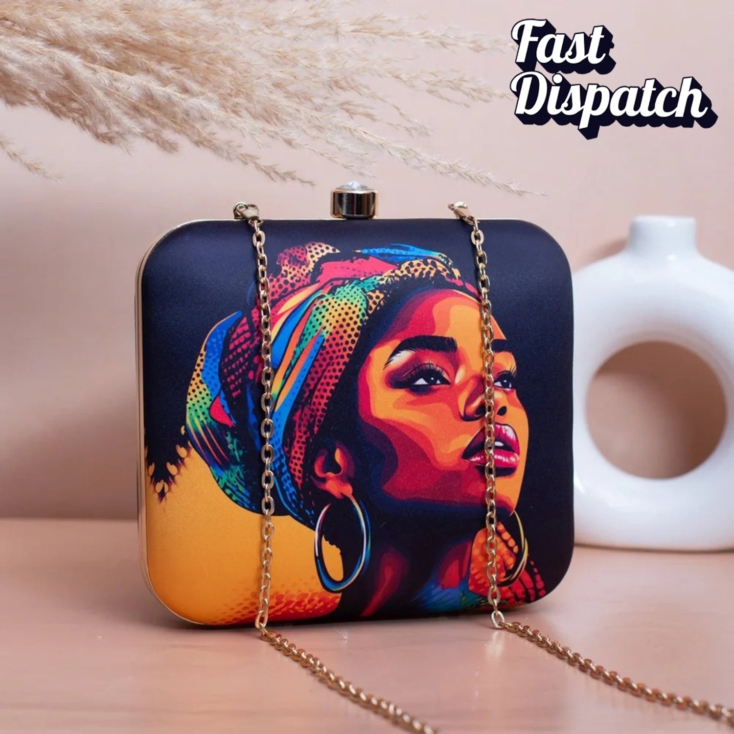 Artklim Blue Based Afro Women Portrait Printed Clutch