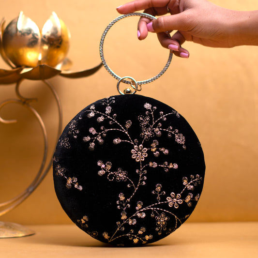 Black And Golden Floral Sequins Embroidery Clutch