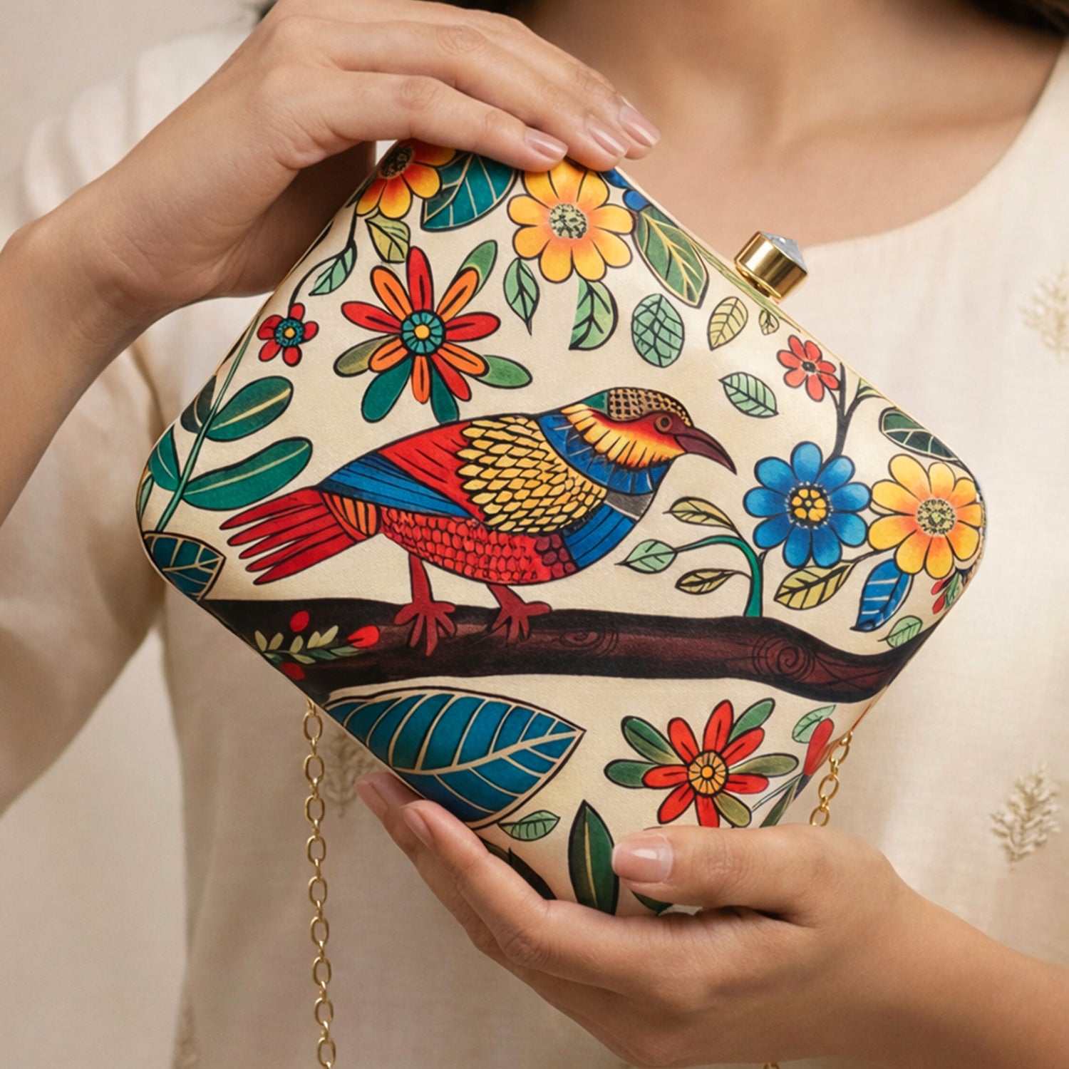 Beige Flower And Bird Printed Clutch