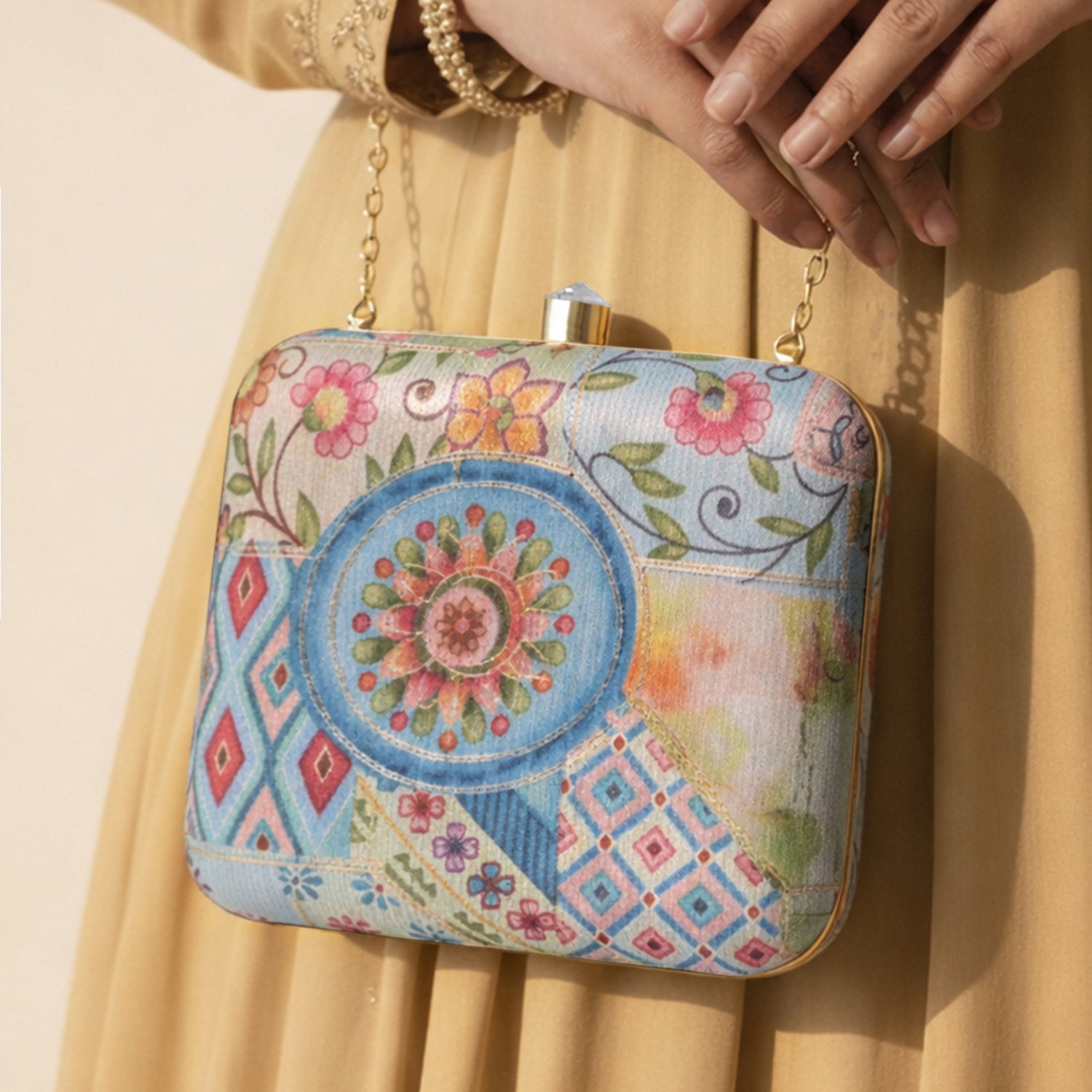 Artklim Women’s Blue Ethnic Patchwork Floral Box Embroidred Clutch