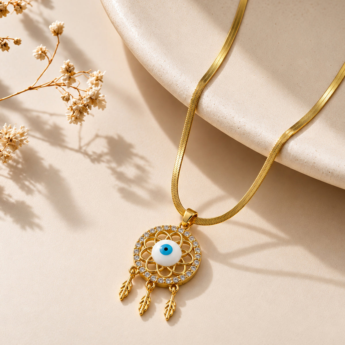 Artklim Elegant Evil Eye Dreamcatcher Crystal Anti-Tarnish Pendant Necklace