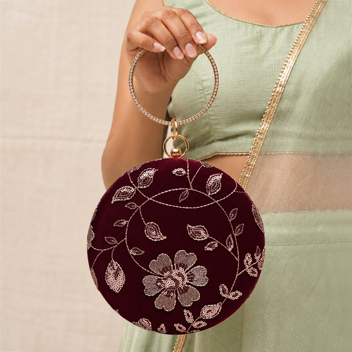 Artklim Elegant Maroon Floral Embroidered Round Clutch Bag with Crystal Ring Handle