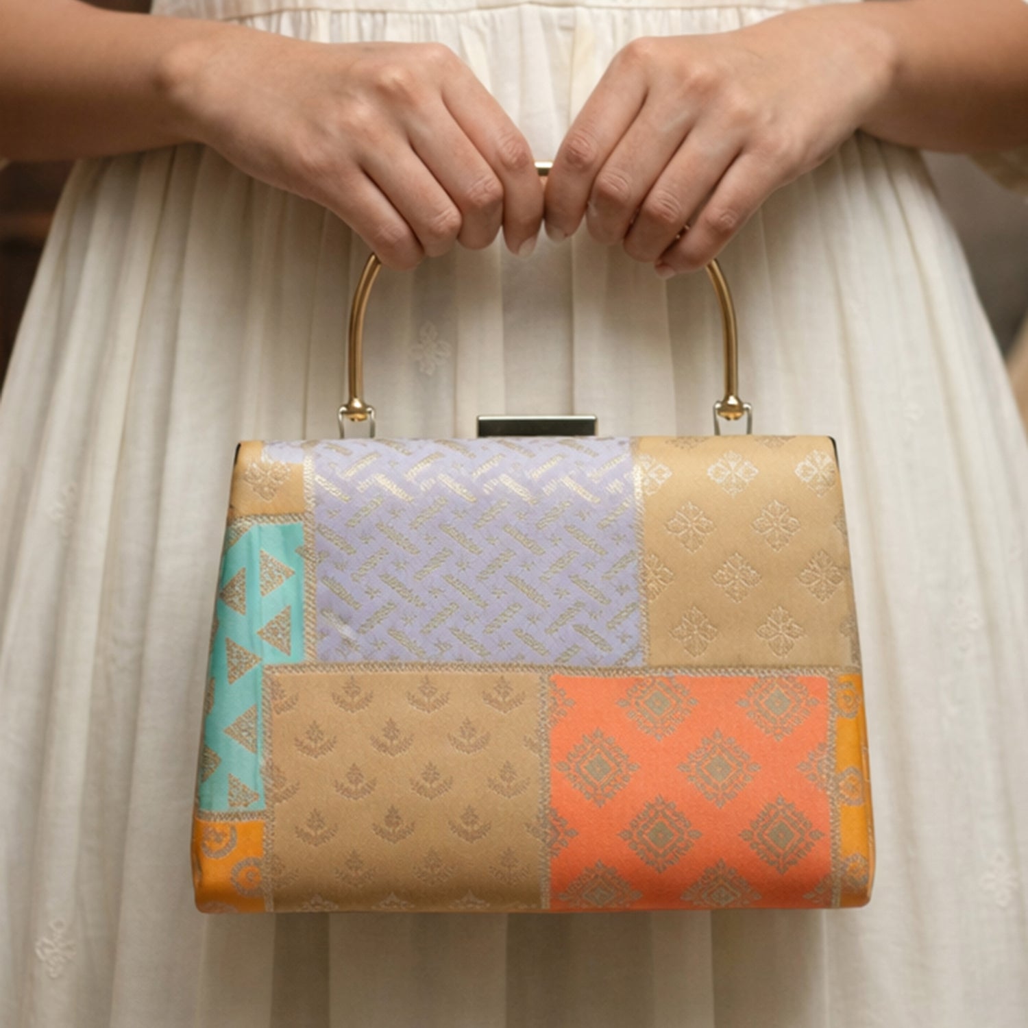 Multipattern Yellow Brocade Party Clutch