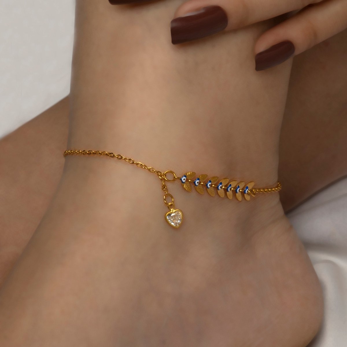 Artklim Gold Plated Evil Eye Leaf Charm Anklet