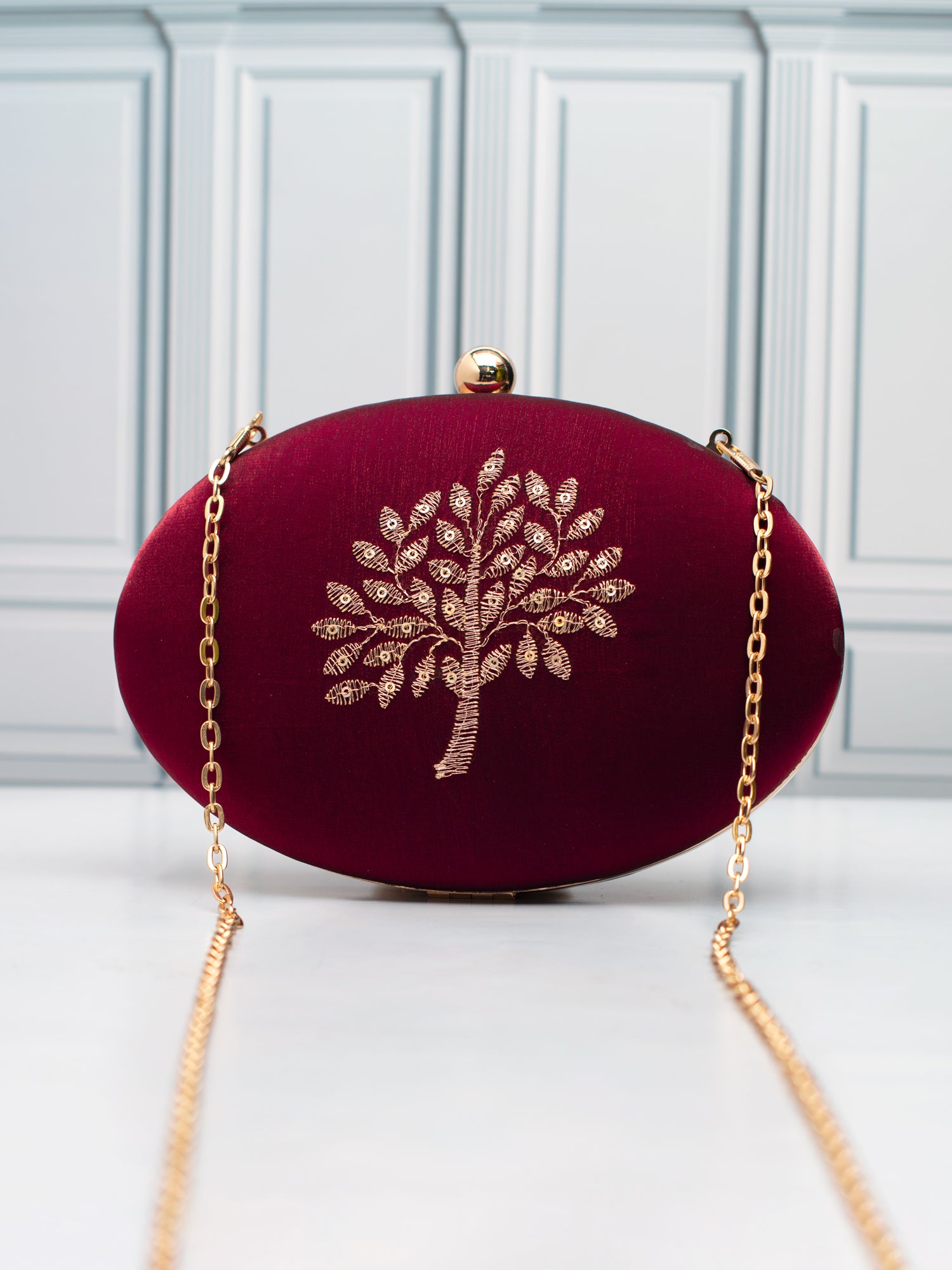 Artklim Maroon Oval Tree Embroidered Clutch