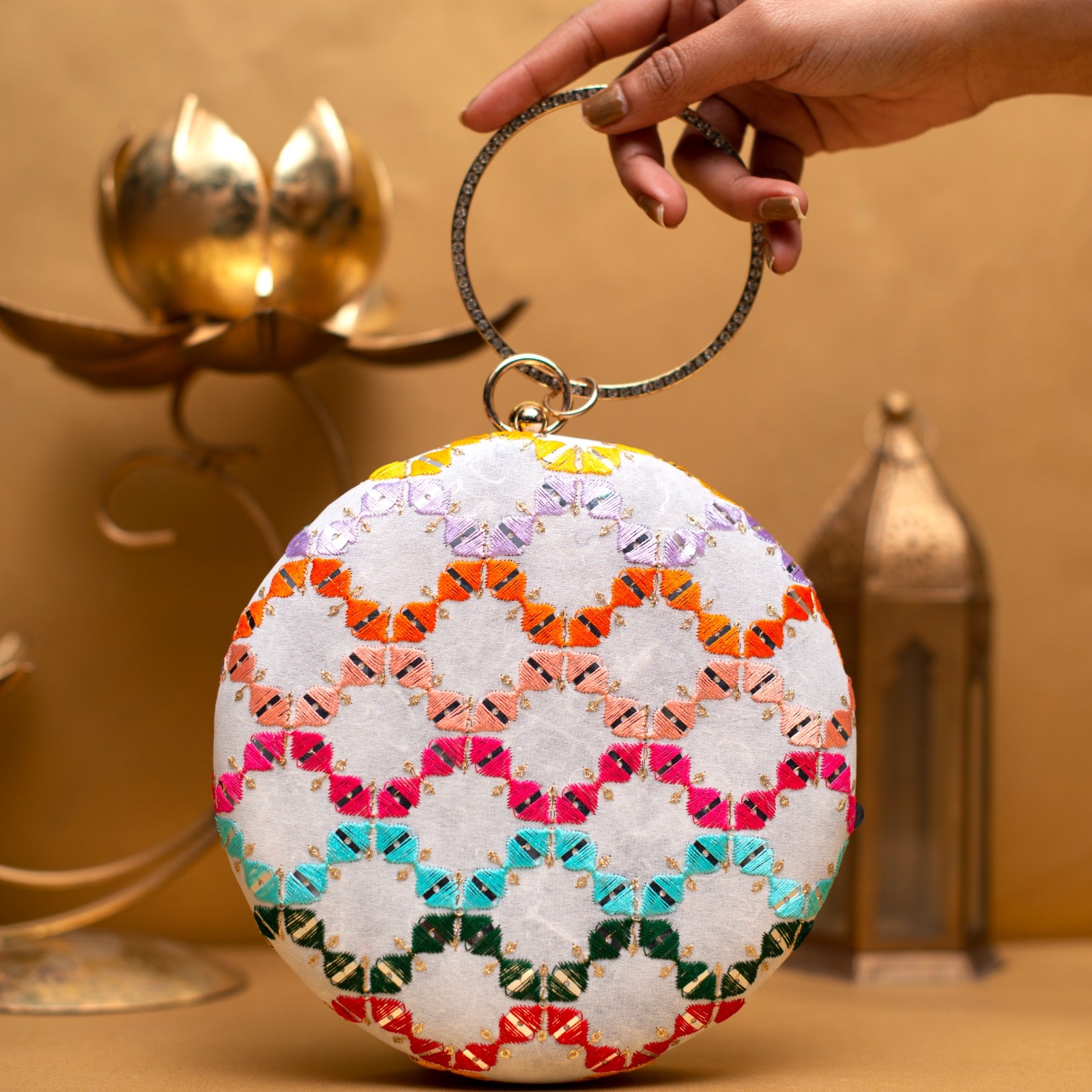 White Multicoloured Round Embroidery Clutch