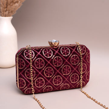 Artklim Maroon Based Silver Sequins Embroidery Clutch